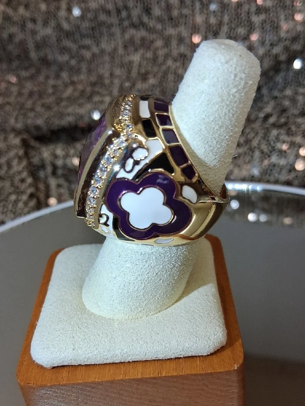 Brass Base and Enamel Ring with Square Faceted Purple Crystal
